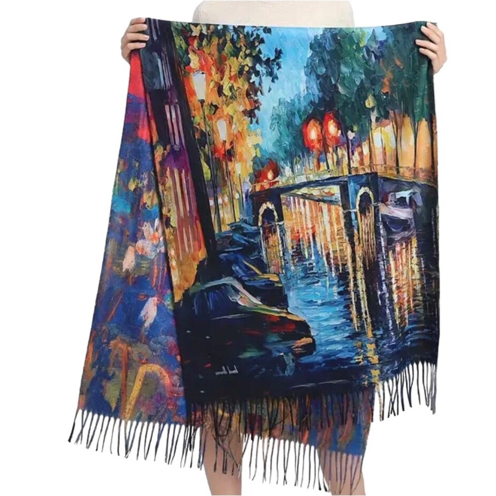 Van Gogh Timeless River Reflection Art Print Large Scarf with Fringe, Reversible
